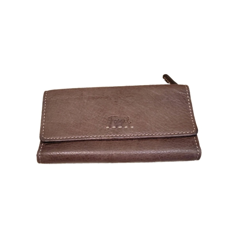 Fossil Embossed Logo Brown Leather Wallet w/Checkbook coin pouch ID Charge Cards